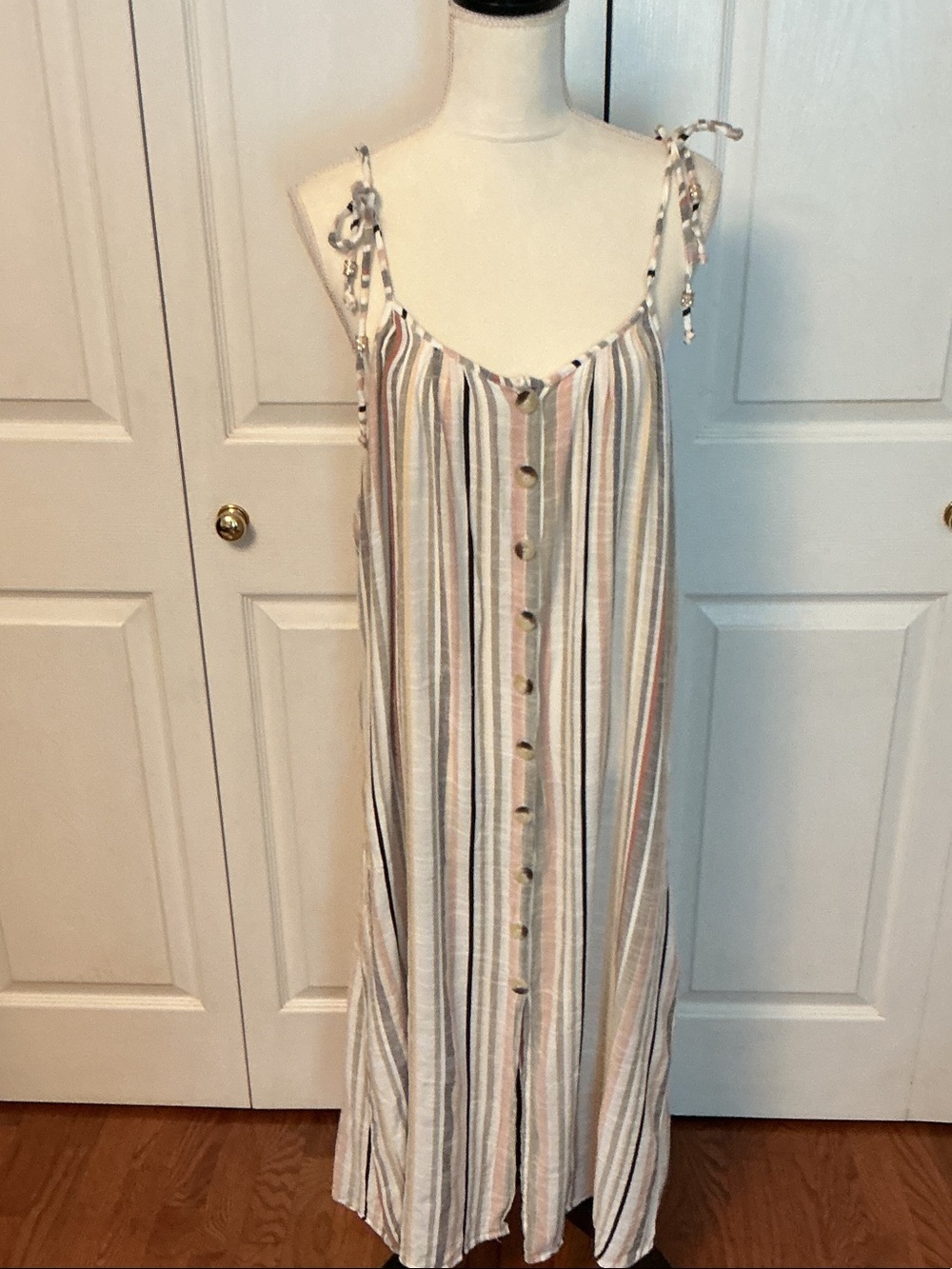 blue island Striped Button-Front Maxi Dress in Cream, Pink, Blue